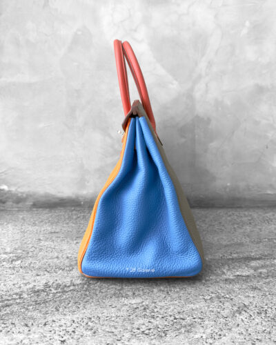 Hermes Limited Edition Arlequin Birkin 35 in Orange/Sanguine/Gold/Bleu Hydra/Bleu lin/Étain in Clemence leather & Palladium Hardware