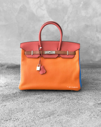 Hermes Limited Edition Arlequin Birkin 35 in Orange/Sanguine/Gold/Bleu Hydra/Bleu lin/Étain in Clemence leather & Palladium Hardware