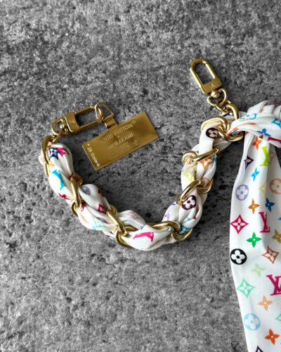 Louis Vuitton Takashi Murakami bag charm, multicolored Monogram charm, Louis Vuitton Foulard chain charm, silk Monogram charm, gold hardware bag charm, designer bag charm