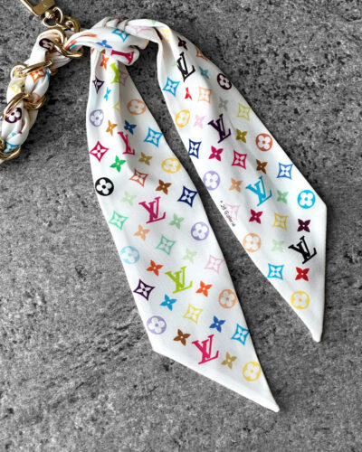 Louis Vuitton Takashi Murakami bag charm, multicolored Monogram charm, Louis Vuitton Foulard chain charm, silk Monogram charm, gold hardware bag charm, designer bag charm