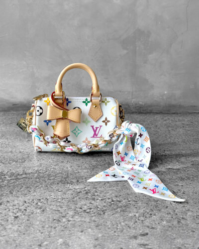 Louis Vuitton Takashi Murakami bag charm, multicolored Monogram charm, Louis Vuitton Foulard chain charm, silk Monogram charm, gold hardware bag charm, designer bag charm