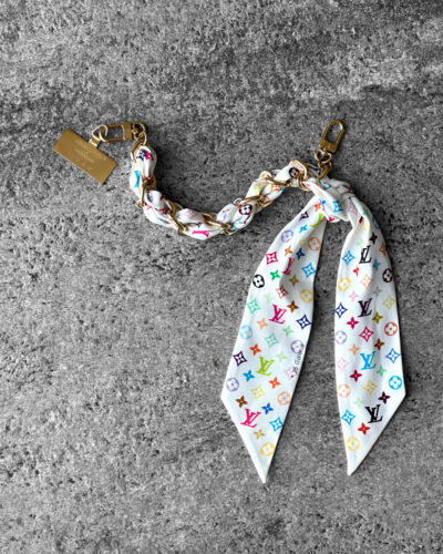 Louis Vuitton Takashi Murakami bag charm, multicolored Monogram charm, Louis Vuitton Foulard chain charm, silk Monogram charm, gold hardware bag charm, designer bag charm