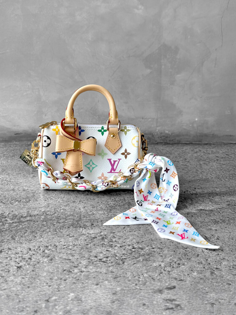 Louis Vuitton Takashi Murakami bag charm, multicolored Monogram charm, Louis Vuitton Foulard chain charm, silk Monogram charm, gold hardware bag charm, designer bag charm