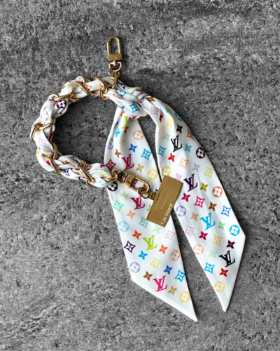 Louis Vuitton Takashi Murakami bag charm, multicolored Monogram charm, Louis Vuitton Foulard chain charm, silk Monogram charm, gold hardware bag charm, designer bag charm