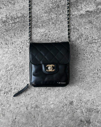 Chanel Black Mini Clams Wallet on Chain in Lambskin Leather & Silver Hardware