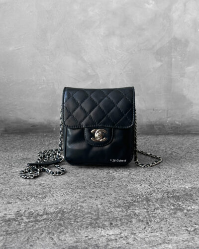 Chanel Black Mini Clams Wallet on Chain in Lambskin Leather & Silver Hardware