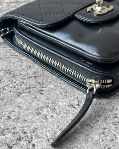 Chanel Black Mini Clams Wallet on Chain in Lambskin Leather & Silver Hardware