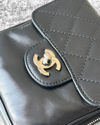 Chanel Black Mini Clams Wallet on Chain in Lambskin Leather & Silver Hardware