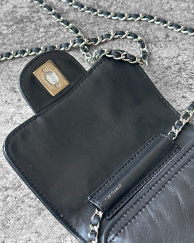 Chanel Black Mini Clams Wallet on Chain in Lambskin Leather & Silver Hardware