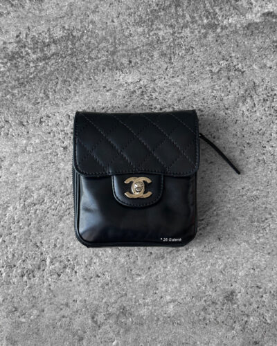 Chanel Black Mini Clams Wallet on Chain in Lambskin Leather & Silver Hardware